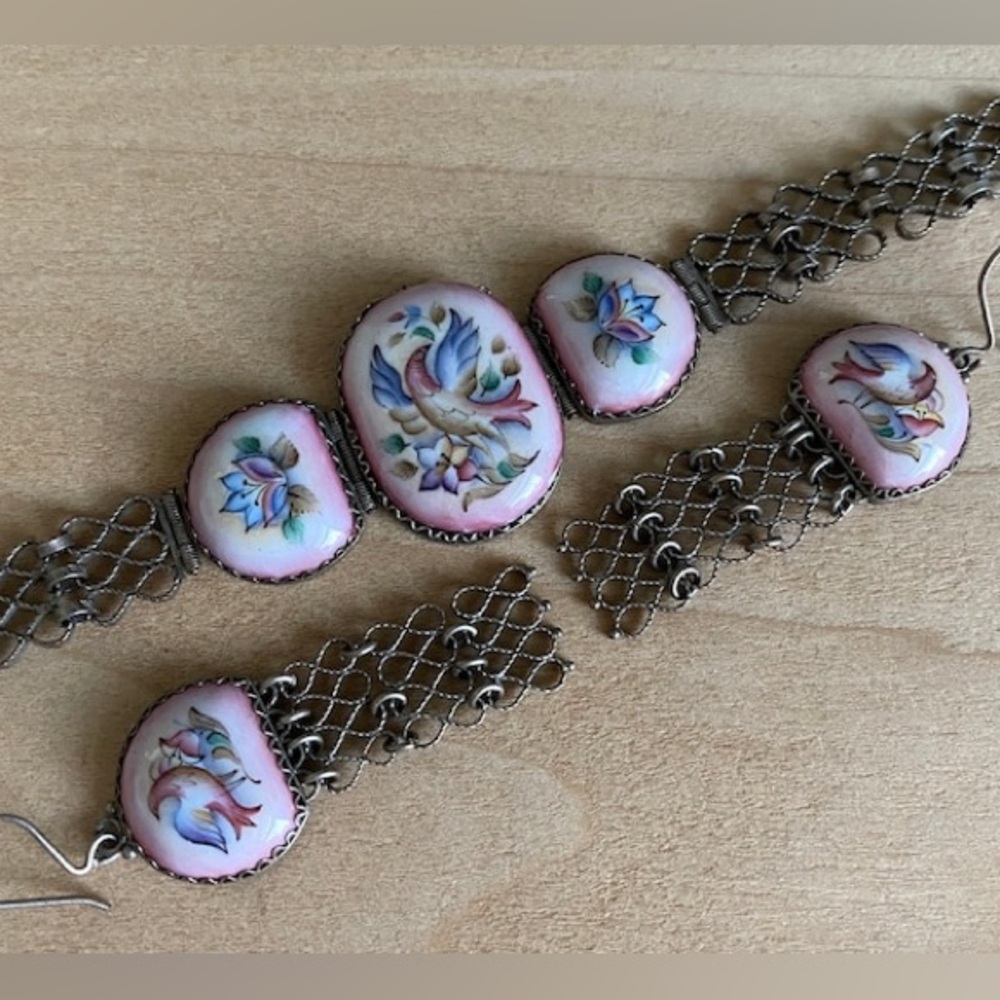 Rare! Gorgeous porcelain earrings & matching bracelet with bird & flower pattern - Picture 2 of 5